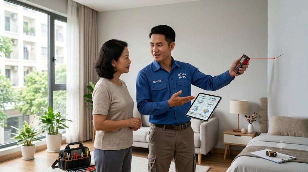 Kỹ thuật viên đo diện tích phòng và tư vấn chọn điều hòa Samsung 9000 BTU