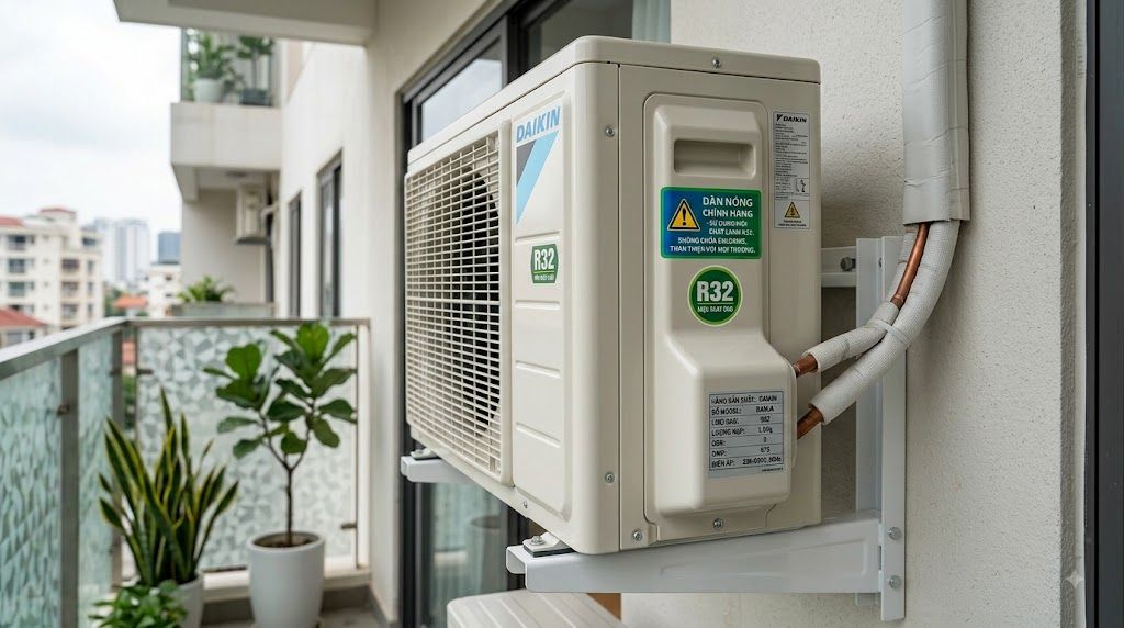 Dàn nóng điều hòa Daikin có tem ký hiệu gas R32 chính hãng