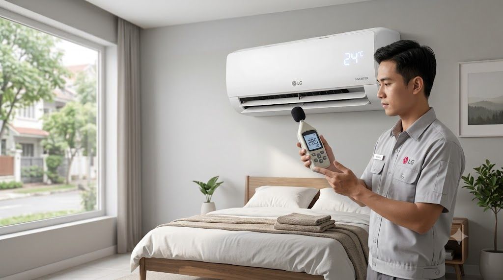 Tổng kho điều hòa, điện máy miền Bắc tại Hà Nội Kỹ thuật viên đo độ ồn điều hòa LG bằng máy đo chuyên dụng tại nhà khách hàng