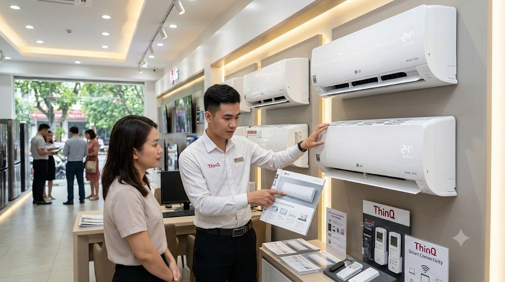 Nhân viên tư vấn khách hàng chọn model điều hòa LG mới tại showroom