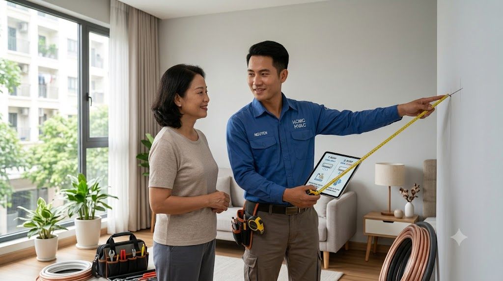 Kỹ thuật viên tư vấn đo đạc phòng để chọn điều hòa Samsung phù hợp ngân sách