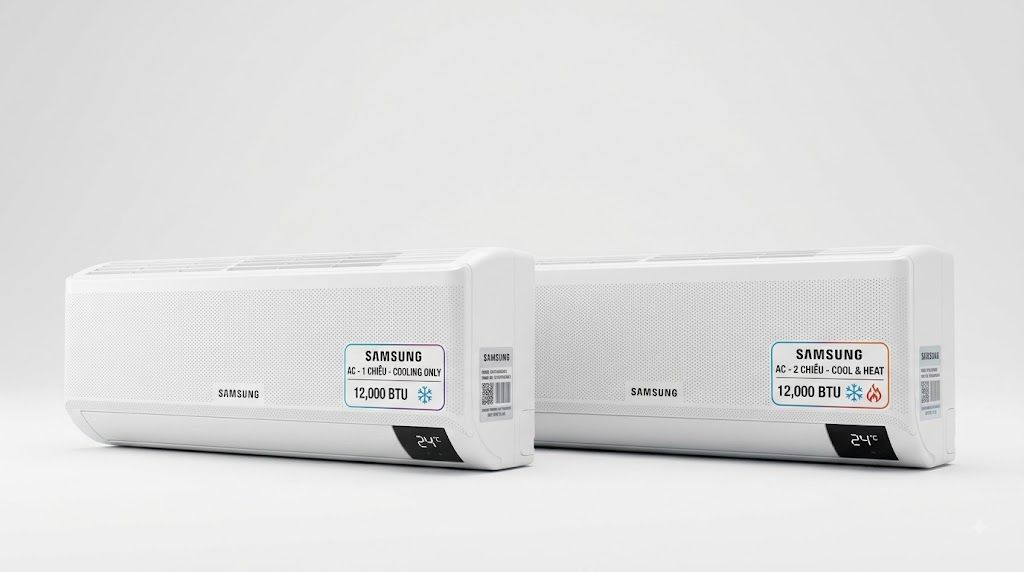 Hai dàn lạnh Samsung 12000 BTU bản 1 chiều và 2 chiều đặt cạnh nhau, có tem phân loại rõ