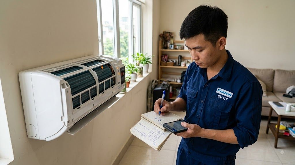 Kỹ thuật viên ghi lại mã lỗi điều hòa Daikin vào sổ tay trước khi gọi hãng