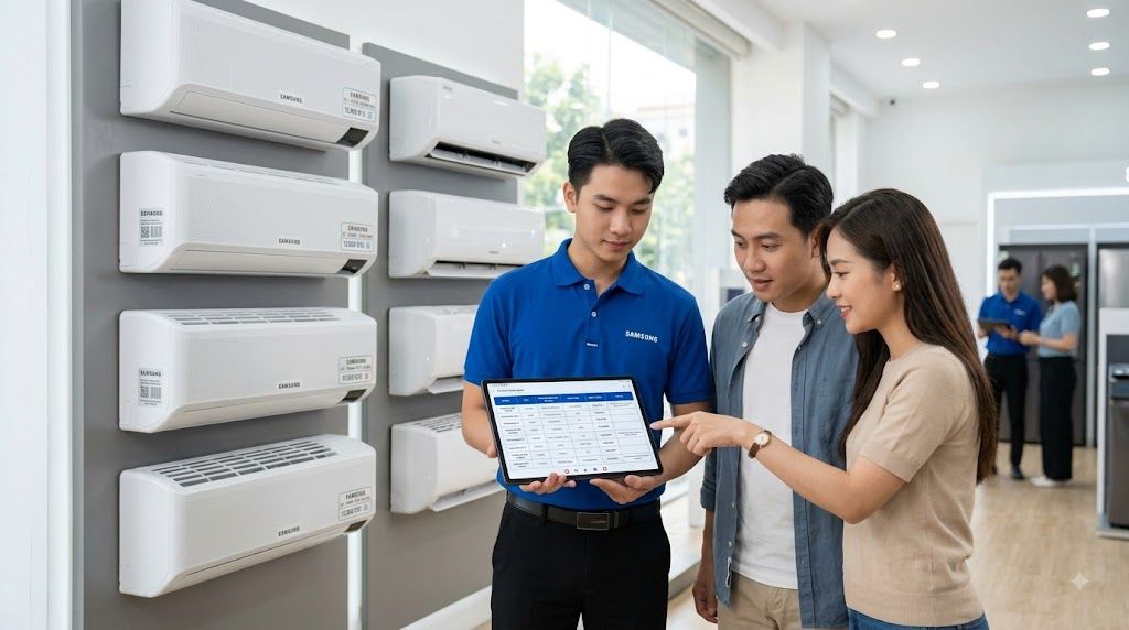 Nhân viên tư vấn báo giá điều hòa Samsung 12000 BTU cho khách tại showroom trên máy tính bảng