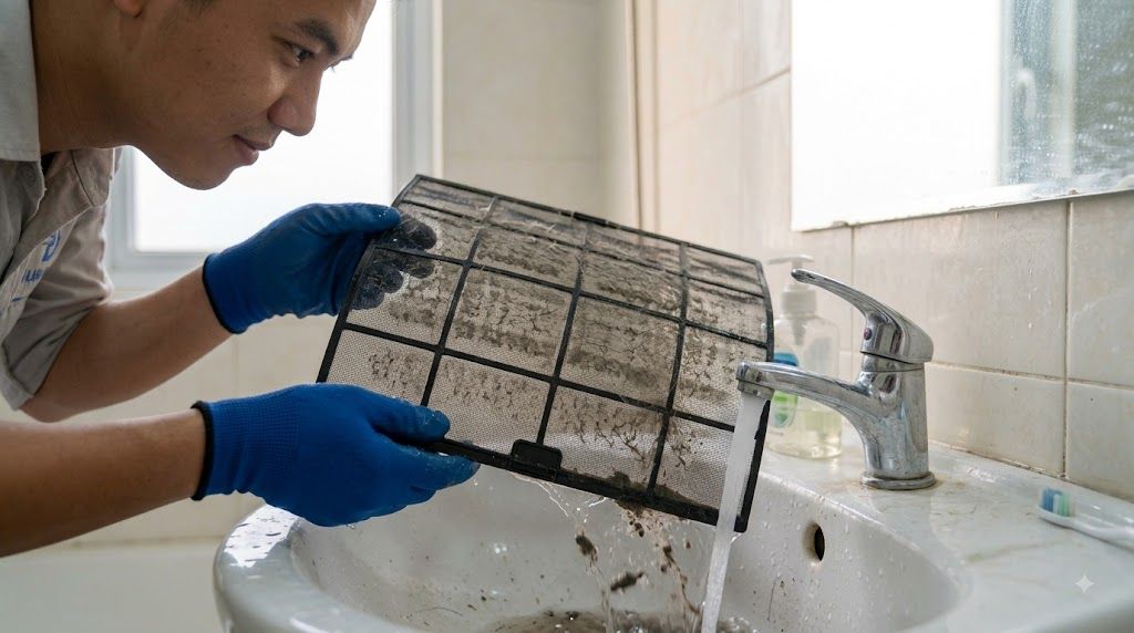 Người dùng tháo và rửa lưới lọc gió điều hòa Daikin dưới vòi nước