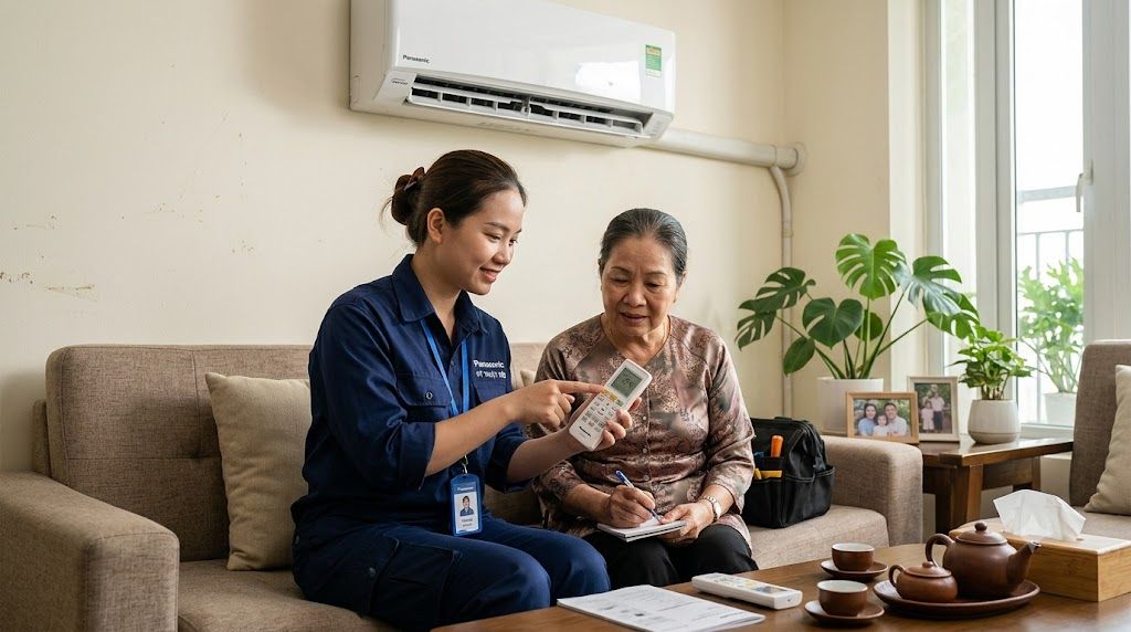 Kỹ thuật viên hướng dẫn khách sử dụng remote điều hòa Panasonic