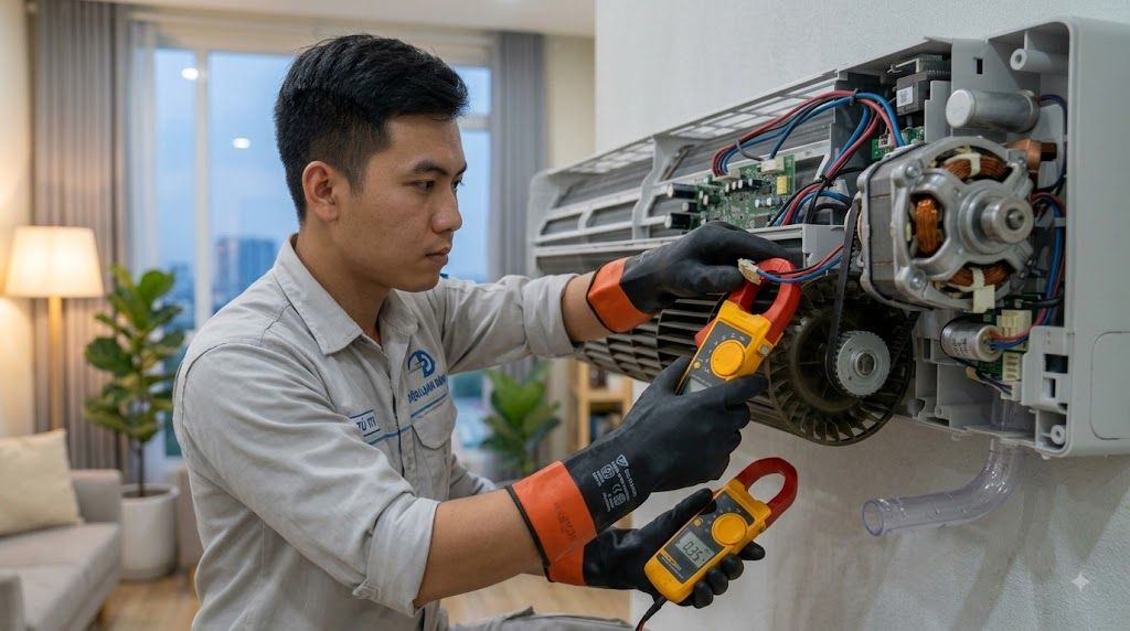 Kỹ thuật viên đo dòng điện motor quạt dàn lạnh Daikin để xác định lỗi A6