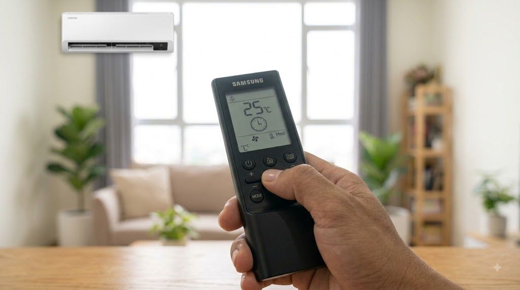 Tay người đang cài đặt hẹn giờ trên remote điều hòa Samsung trong phòng khách hiện đại