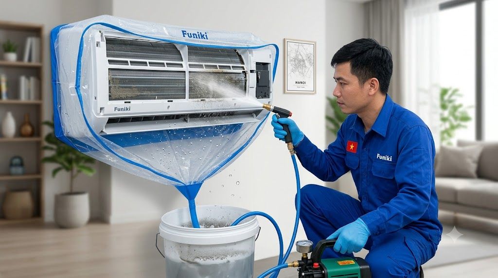 Tổng kho điều hòa, điện máy miền Bắc tại Hà Nội Kỹ thuật viên xịt rửa dàn lạnh điều hòa Funiki đã bọc túi nilon