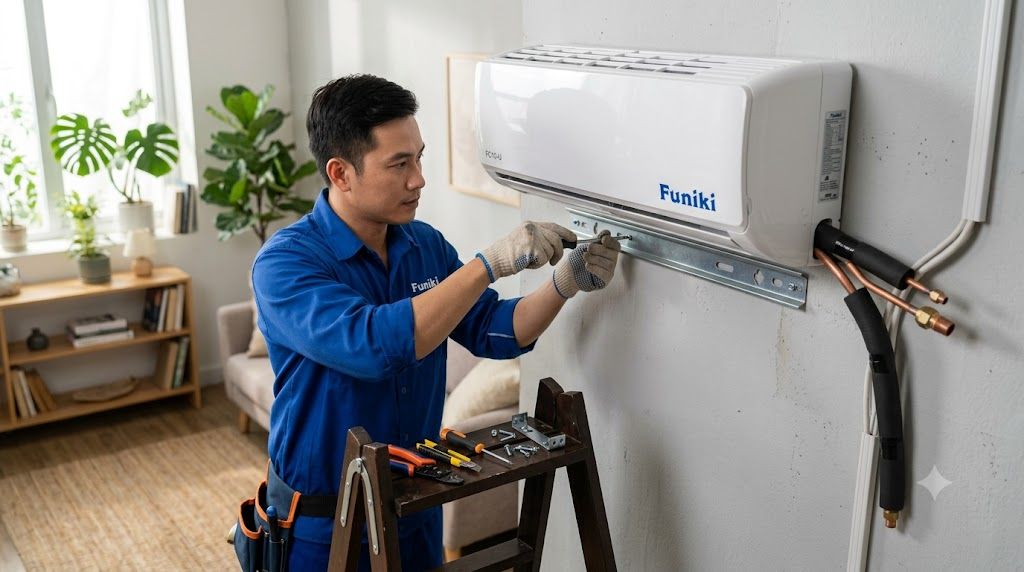 Kỹ thuật viên tháo dàn lạnh điều hòa Funiki khỏi giá treo tường
