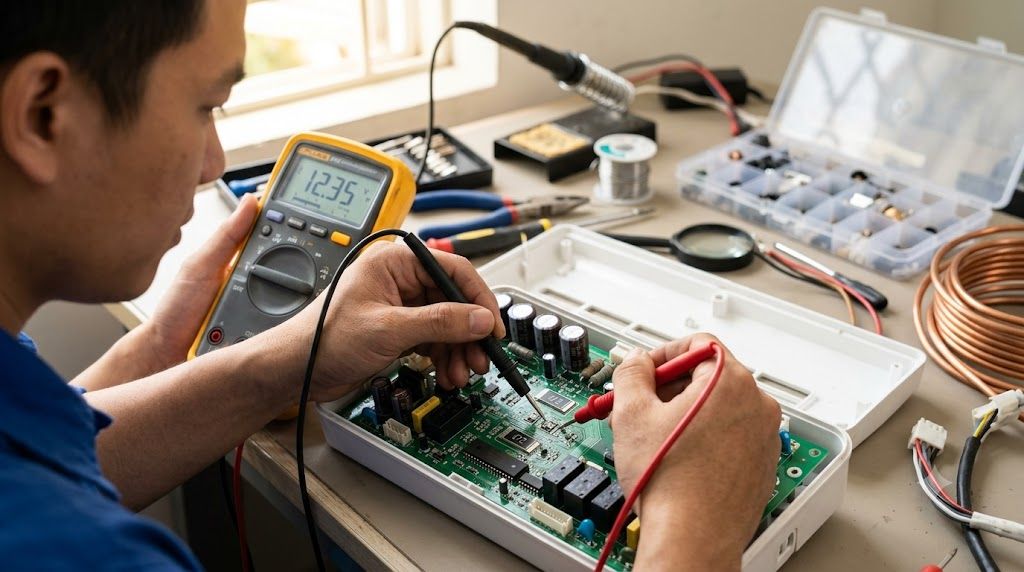 Kỹ thuật viên dùng đồng hồ vạn năng kiểm tra board mạch điều hòa Funiki bị lỗi