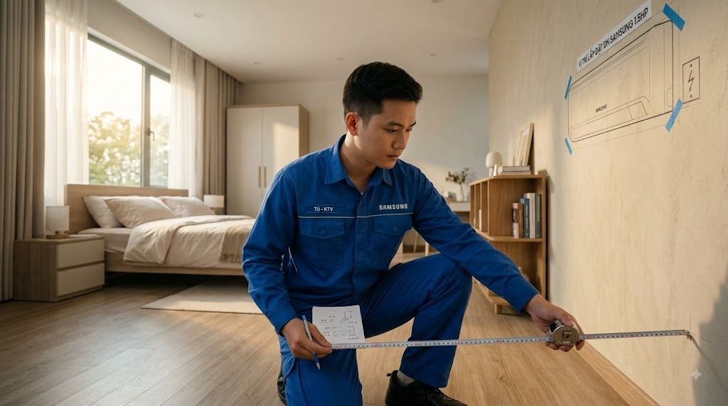 Kỹ thuật viên đo diện tích phòng ngủ để tư vấn chọn điều hòa Samsung 1.5HP