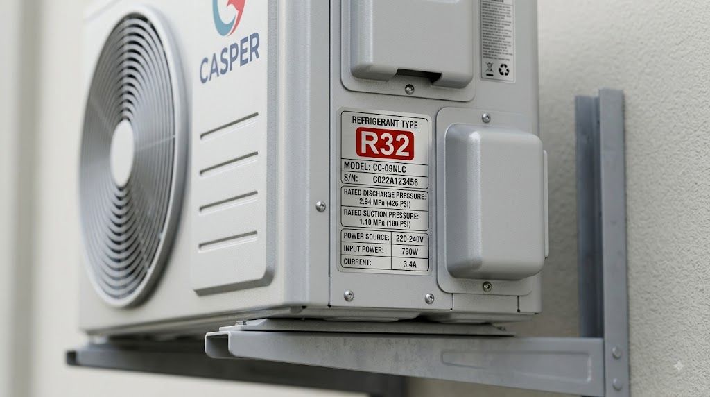 Tổng kho điều hòa, điện máy miền Bắc tại Hà Nội Tem thông số gas R32 trên dàn nóng điều hòa Casper