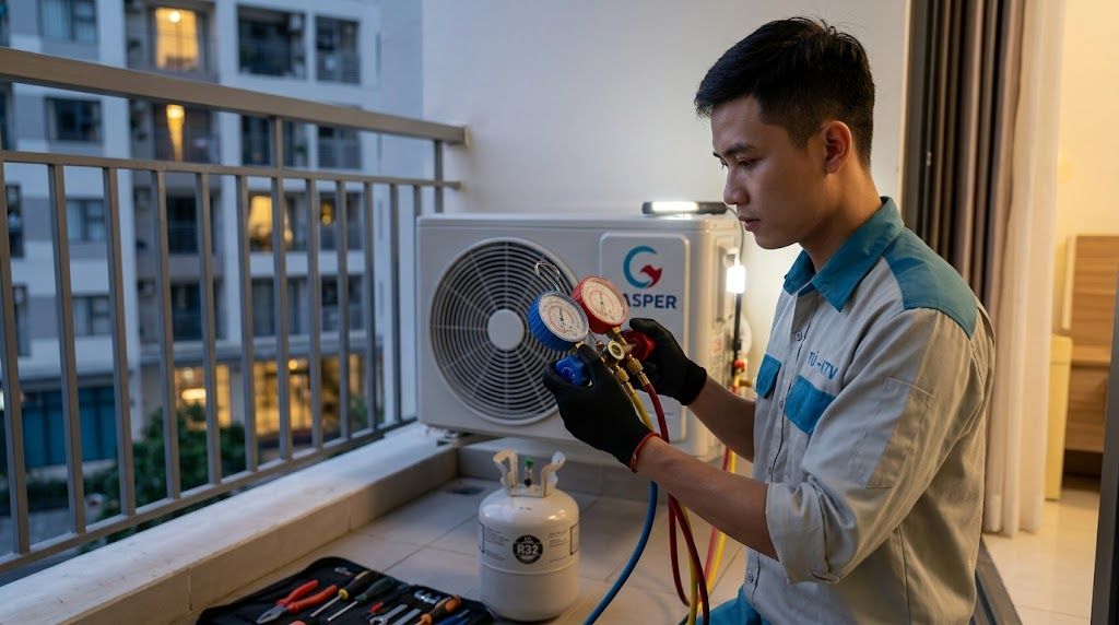 Tổng kho điều hòa, điện máy miền Bắc tại Hà Nội Kỹ thuật viên đo áp suất gas khi nạp ga điều hòa Casper