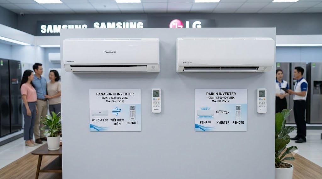 So sánh điều hòa Panasonic và Daikin đặt cạnh nhau trong showroom