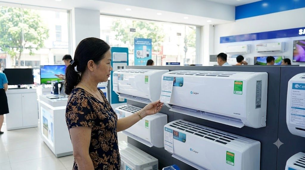 Tổng kho điều hòa, điện máy miền Bắc tại Hà Nội Khách hàng so sánh các model điều hòa Casper 12000 BTU tại showroom
