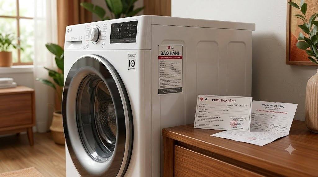 Máy giặt LG cửa ngang với tem bảo hành và phiếu mua hàng