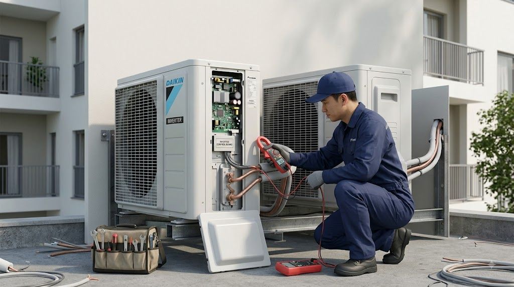 Kỹ thuật viên đo dòng điện máy nén điều hòa Daikin Inverter