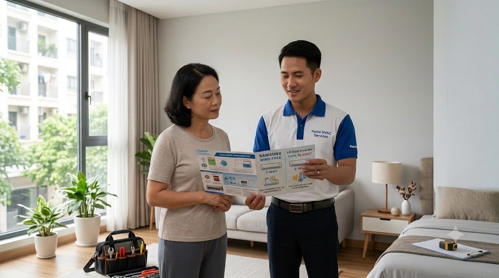 Kỹ thuật viên tư vấn khách hàng so sánh điều hòa Panasonic và Daikin