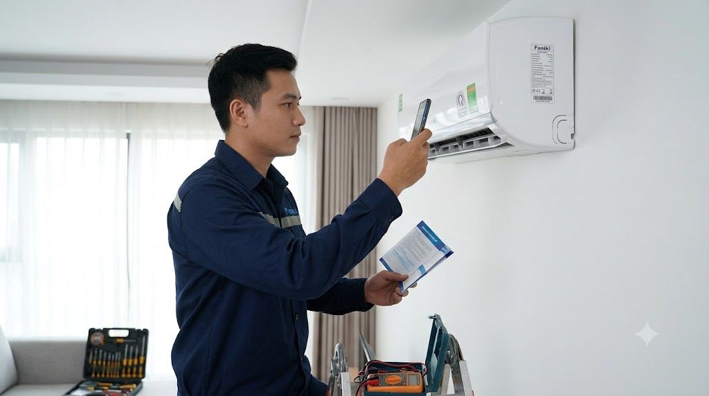 Tổng kho điều hòa, điện máy miền Bắc tại Hà Nội Kỹ thuật viên tra cứu mã sản phẩm để kích hoạt bảo hành điều hòa Funiki