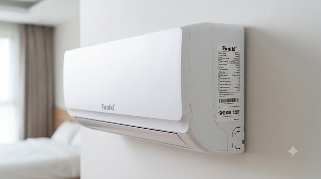 Tổng kho điều hòa, điện máy miền Bắc tại Hà Nội Tem thông số công suất 12000 BTU 1.5HP trên điều hòa Funiki