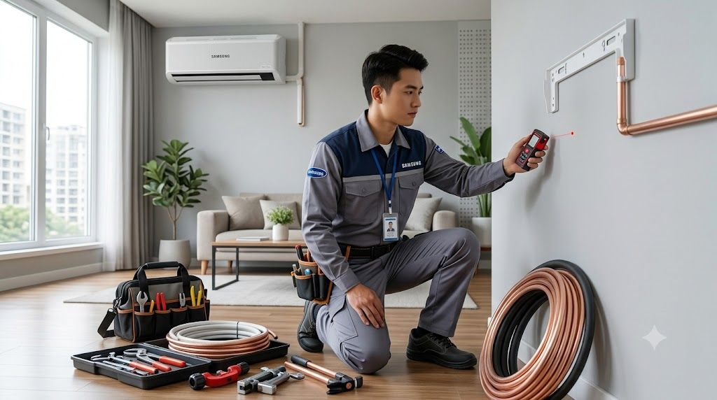 "Vietnamese HVAC technician in uniform using a laser measuring tool to measure room dimensions in a modern living room before installing a split air conditioner, wall mounting bracket and copper piping tools visible nearby, soft natural daylight through window, photorealistic, professional photography, sharp focus, no text, no watermark, --ar 16:9"