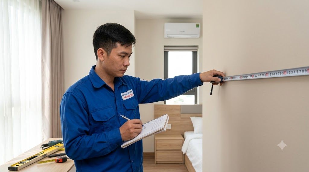 Tổng kho điều hòa, điện máy miền Bắc tại Hà Nội Kỹ thuật viên đo diện tích phòng ngủ để tư vấn điều hòa Funiki 12000 BTU