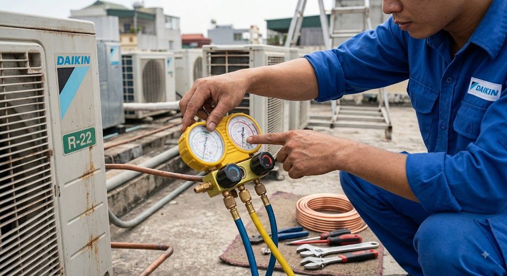 Tổng kho điều hòa, điện máy miền Bắc tại Hà Nội Kỹ thuật viên kiểm tra áp suất gas điều hòa Daikin cũ trước khi mua
