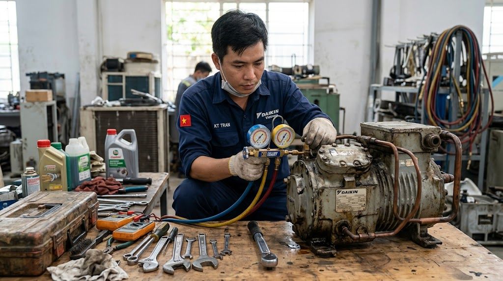 Kỹ thuật viên đo áp suất gas máy nén điều hòa Daikin cũ trước lắp đặt