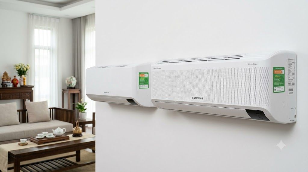 So sánh dàn lạnh điều hòa Samsung 1HP và 2HP đặt cạnh nhau trên tường phòng khách 