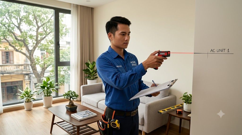 Kỹ thuật viên đo đạc phòng và tư vấn chọn công suất điều hòa Samsung phù hợp 
