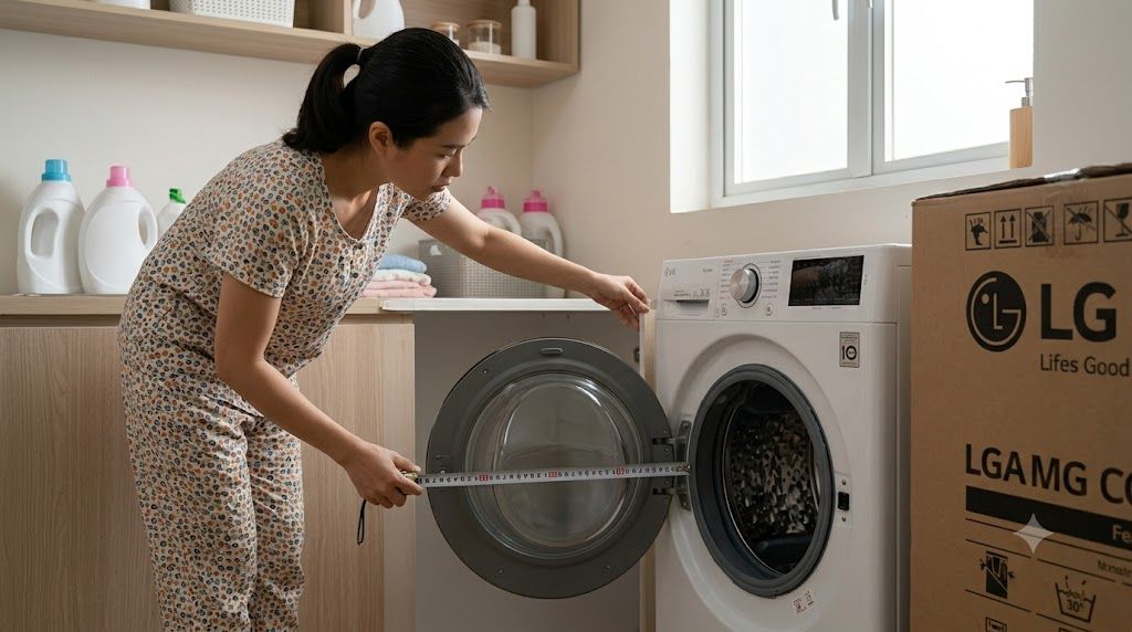 Đo kích thước lắp đặt máy giặt LG cửa ngang 11kg trong phòng giặt