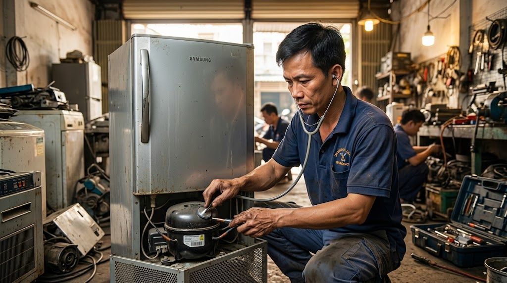Kỹ thuật viên kiểm tra máy nén tủ lạnh Samsung đã qua sử dụng