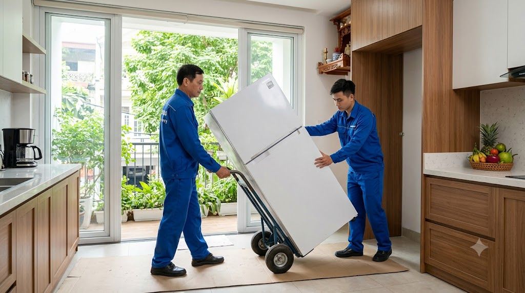 Nhân viên giao hàng và lắp đặt tủ lạnh Samsung tại nhà khách