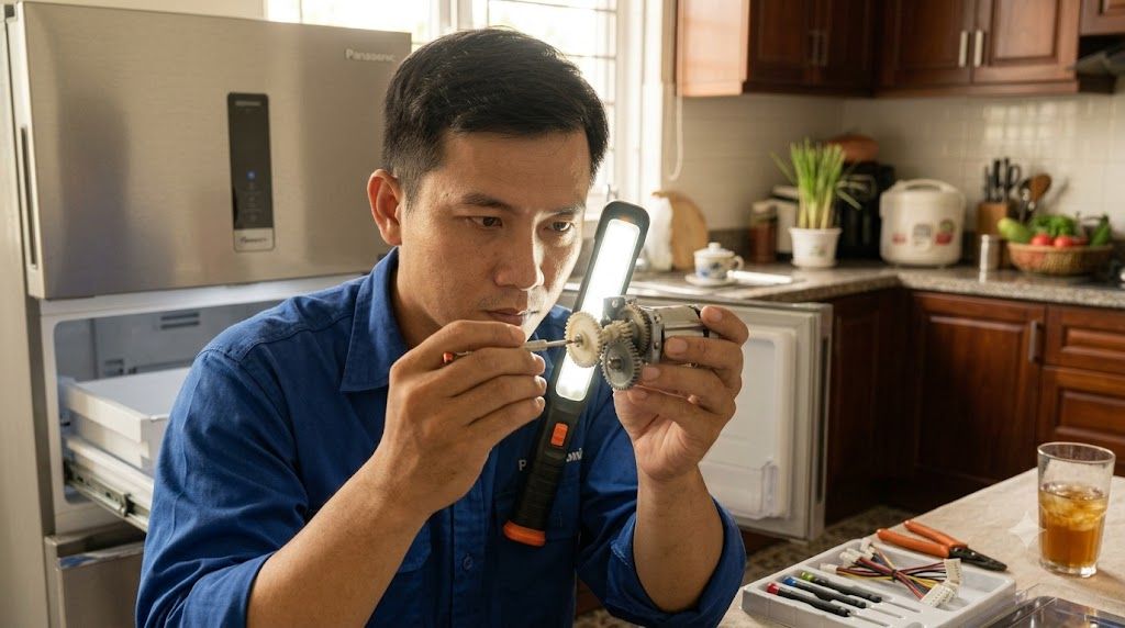 Kỹ thuật viên kiểm tra motor làm đá tủ lạnh Panasonic lỗi H21