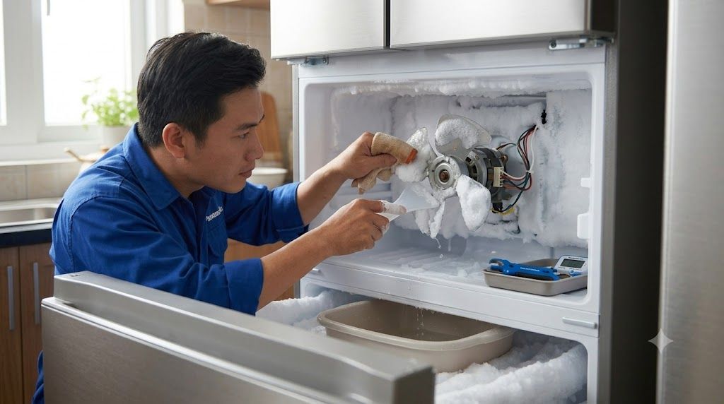 Kỹ thuật viên vệ sinh quạt dàn lạnh tủ lạnh Panasonic bị lỗi H29