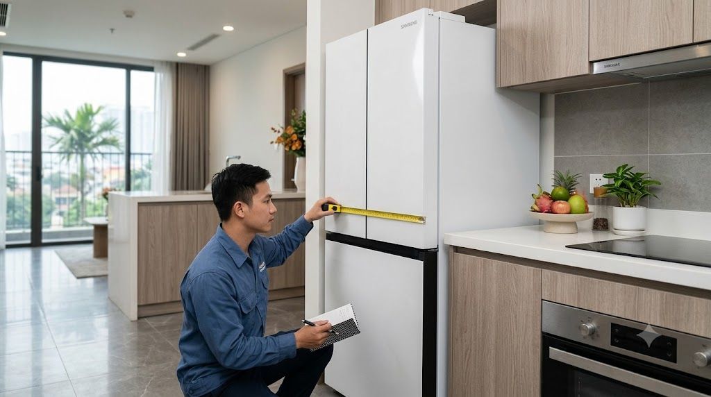 Kỹ thuật viên đo không gian bếp để chọn tủ lạnh Samsung phù hợp