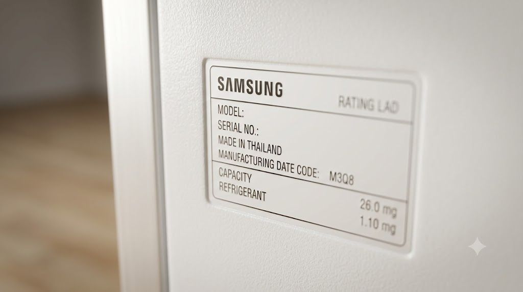 Tem ghi xuất xứ Made In và mã ngày sản xuất trên tủ lạnh Samsung