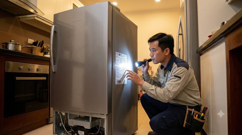 Kỹ thuật viên kiểm tra mã ngày sản xuất trên tem tủ lạnh Samsung