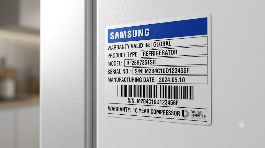 Tem bảo hành chính hãng Samsung dán trên thân tủ lạnh