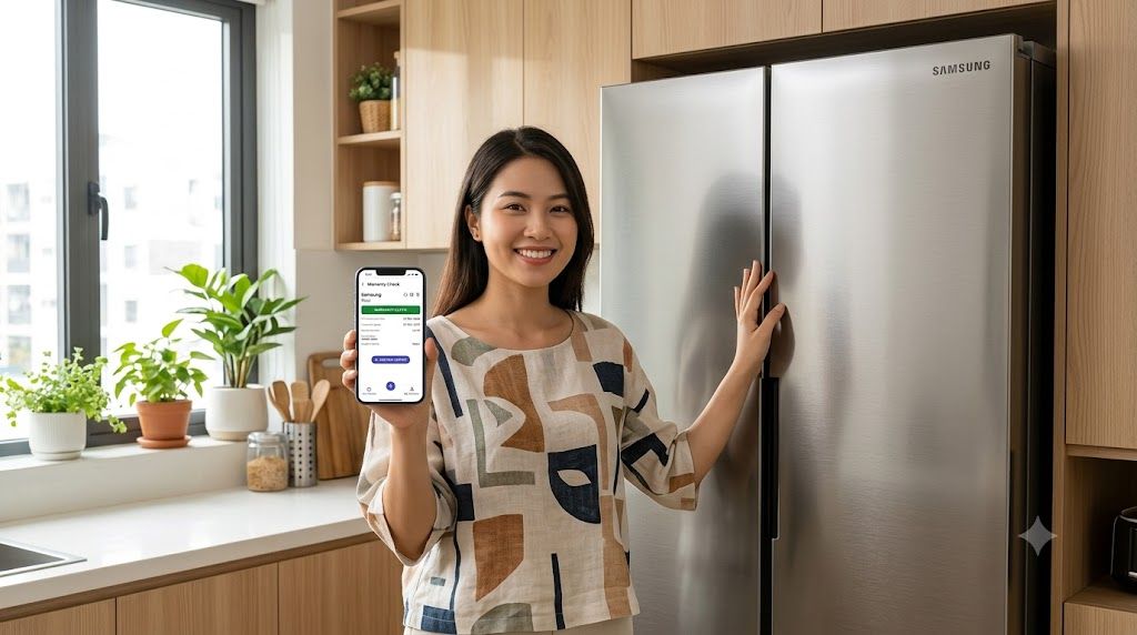 Khách hàng dùng điện thoại kiểm tra serial tủ lạnh Samsung qua app