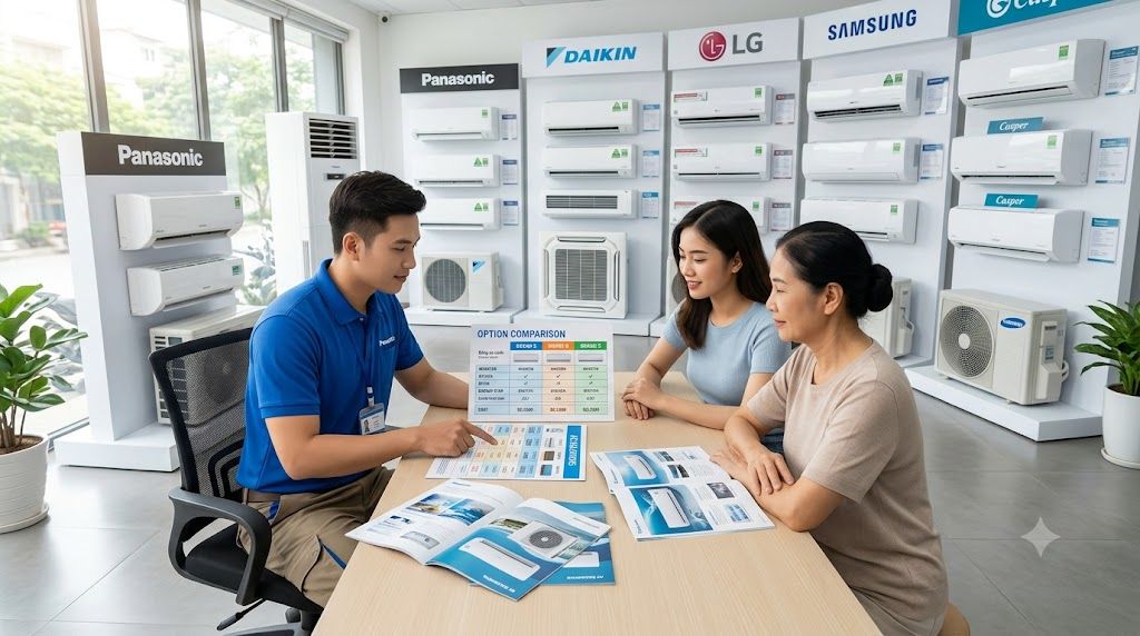 Kỹ thuật viên tư vấn khách hàng lựa chọn giữa ba thương hiệu điều hòa