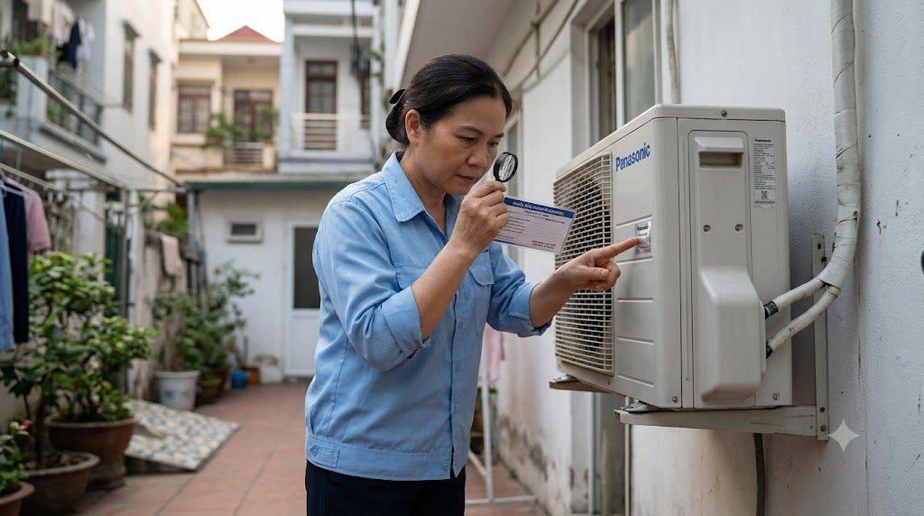 Khách hàng kiểm tra tem bảo hành trên dàn nóng điều hòa Panasonic