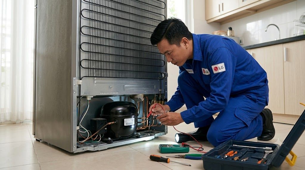 Kỹ thuật viên kiểm tra block máy nén tủ lạnh LG