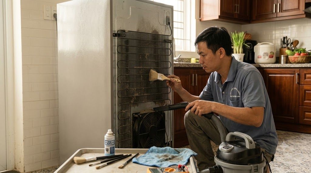 Kỹ thuật viên vệ sinh dàn nóng tủ lạnh Panasonic bị lỗi H01